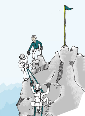 tandem-Illustration 3 Menschen klettern aneinander geseilt auf einen Berggipfel